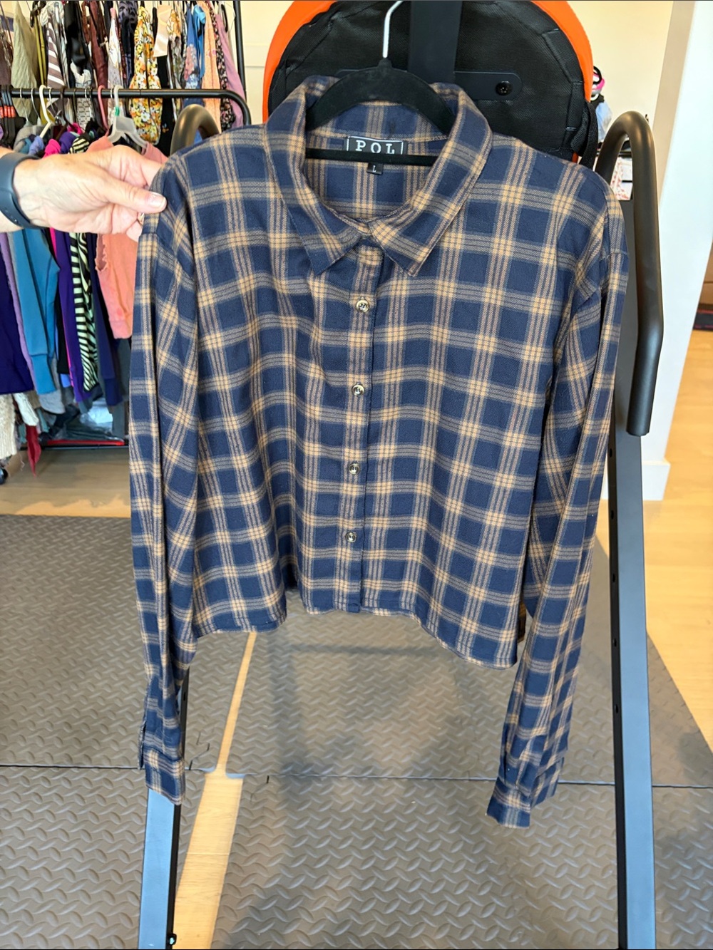 POL Navy and Tan Plaid Cropped Shirt Jacket